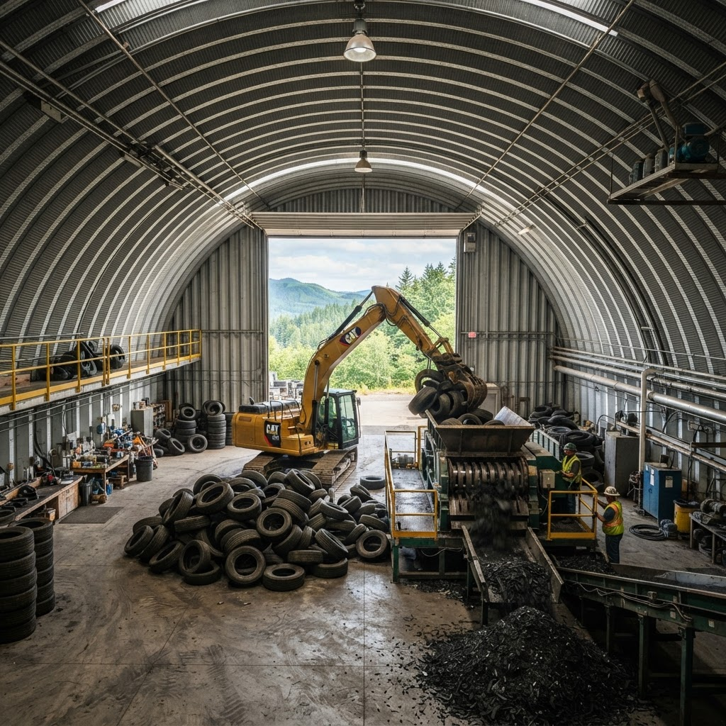Interior of a Quonset hut where an excavator feeds a pile of used tires into an industrial shredder