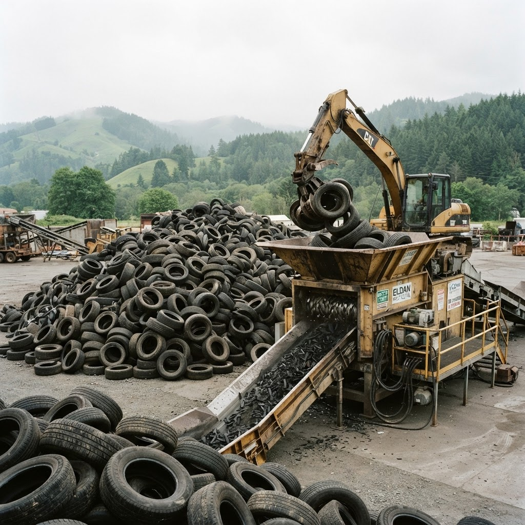 A large pile of used tires being fed into an industrial tire shredder